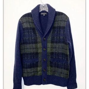 Banana Republic Wool Blend Cardigan Shawl Collar Blue Plaid Men’s Size S…